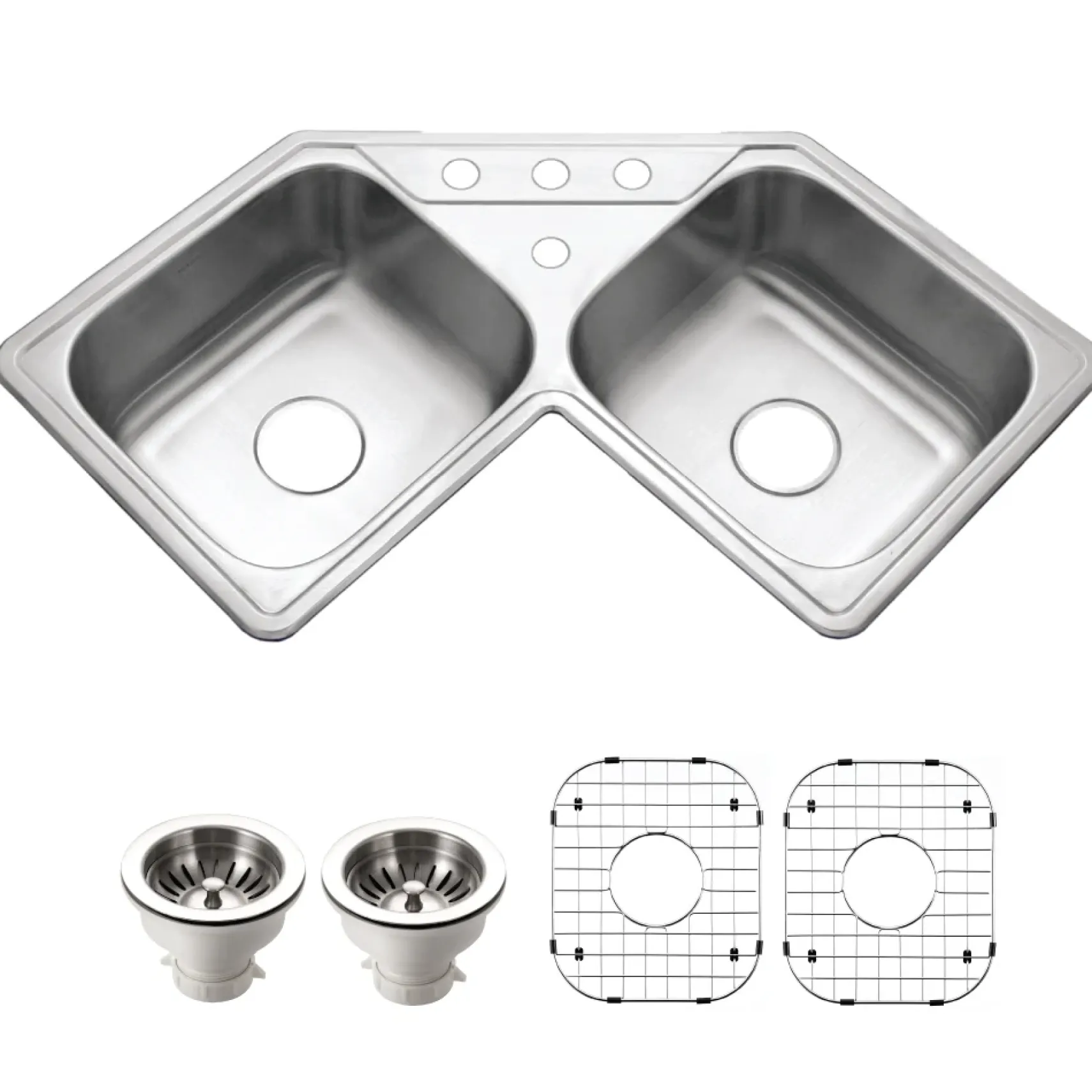 Houzer Legend 32" Stainless Steel Topmount 4-hole 50/50 Double Bowl Corner Kitchen Sink with Strainer & Grid - 20 Gauge, LCR-3221-C