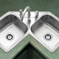 Houzer Legend 32" Stainless Steel Topmount 4-hole 50/50 Double Bowl Corner Kitchen Sink with Strainer & Grid - 20 Gauge, LCR-3221-C