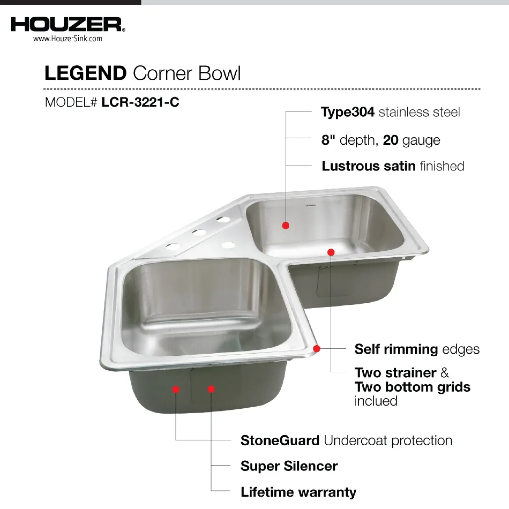 Houzer Legend 32" Stainless Steel Topmount 4-hole 50/50 Double Bowl Corner Kitchen Sink with Strainer & Grid - 20 Gauge, LCR-3221-C