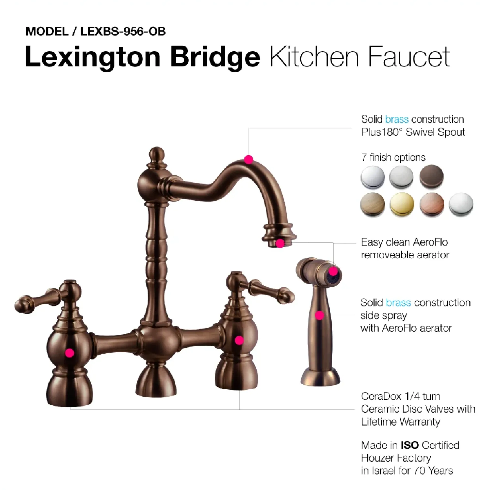 Houzer Lexington Bridge Kitchen Faucet with Sidespray Oil Rubbed Bronze, LEXBS-956-OB
