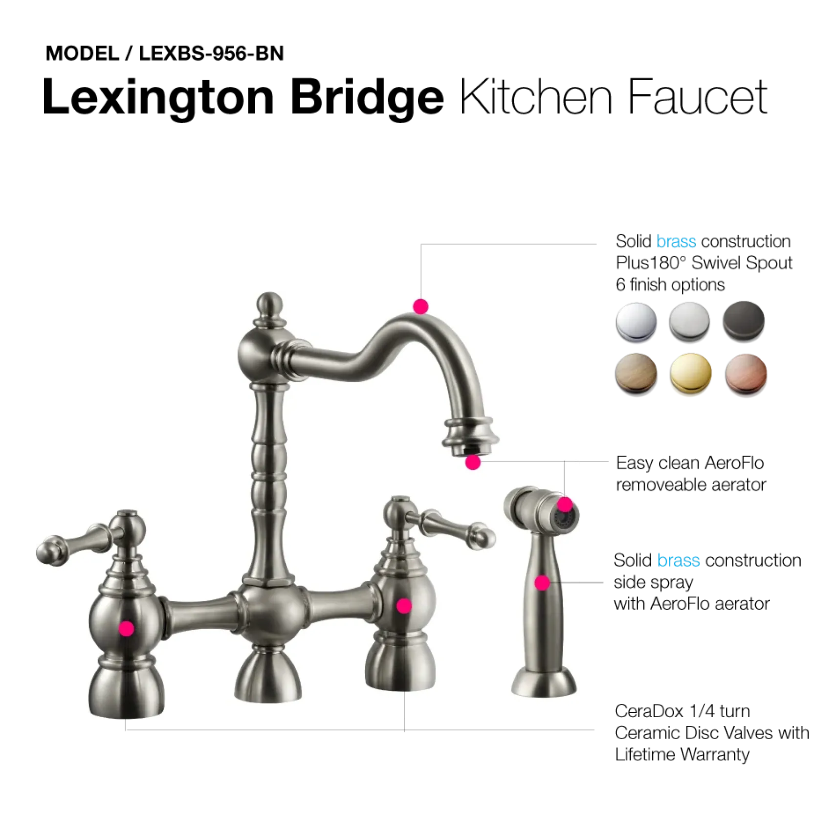 Houzer Lexington Bridge Kitchen Faucet with Sidespray Brushed Nickel, LEXBS-956-BN