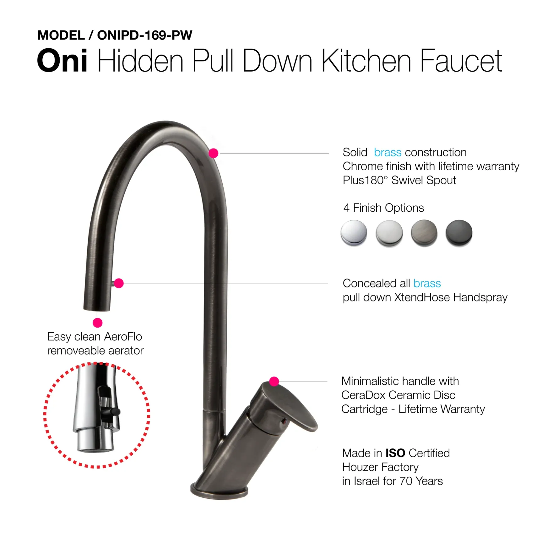 Houzer Oni 1.75 GPM Lever Brass Kitchen Faucet, Pull Down, Pewter, ONIPD-169-PW