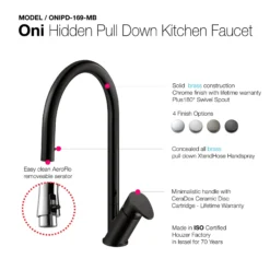 Houzer Oni 1.75 GPM Lever Brass Kitchen Faucet, Pull Down, Matte Black, ONIPD-169-MB
