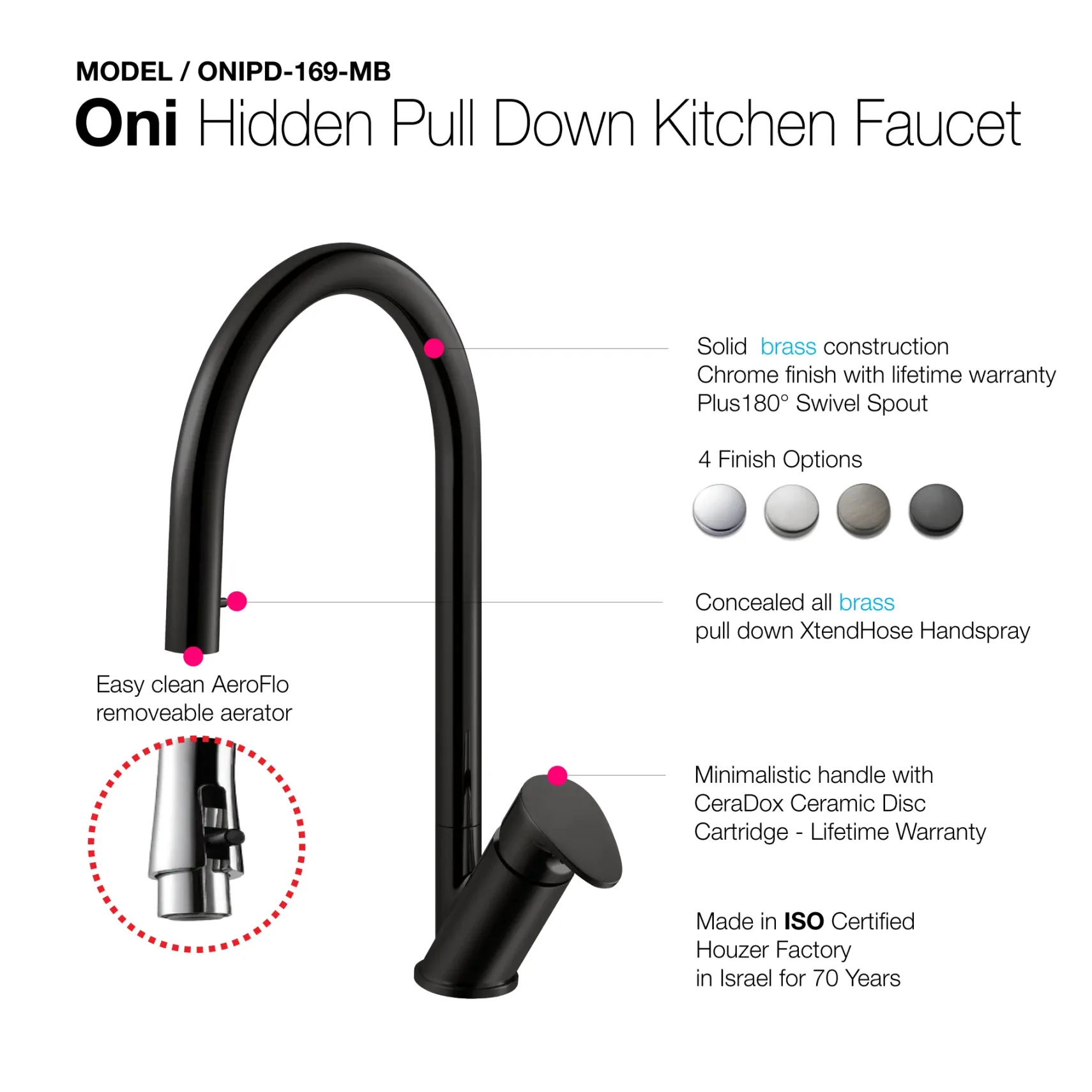 Houzer Oni 1.75 GPM Lever Brass Kitchen Faucet, Pull Down, Matte Black, ONIPD-169-MB