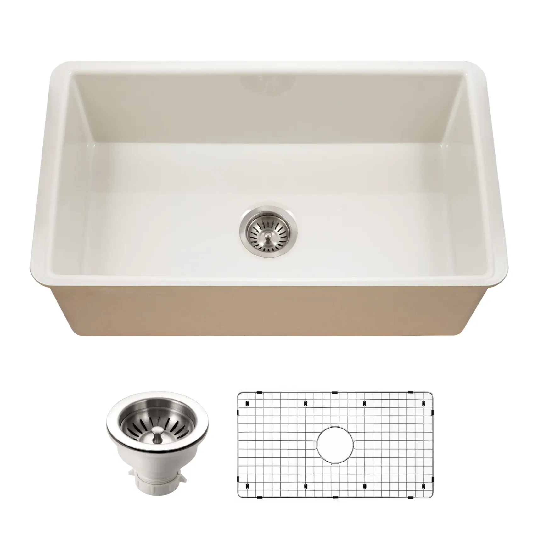Houzer Platus 32 inch Biscuit Fireclay Undermount Single Bowl Kitchen Sink - PTU-3600 BQ-C with Basket Strainer and Basin Grid Included