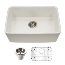 Houzer Platus 24 inch Biscuit Fireclay Undermount Single Bowl Kitchen Sink - PTU-2400 BQ-C with Basket Strainer and Basin Grid Included