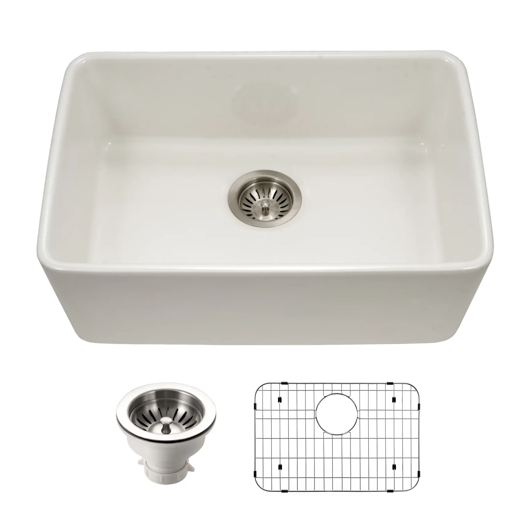 Houzer Platus 24 inch Biscuit Fireclay Undermount Single Bowl Kitchen Sink - PTU-2400 BQ-C with Basket Strainer and Basin Grid Included