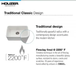 Houzer Platus 24 inch Biscuit Fireclay Undermount Single Bowl Kitchen Sink - PTU-2400 BQ-C with Basket Strainer and Basin Grid Included