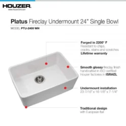 Houzer Platus 24 inch Biscuit Fireclay Undermount Single Bowl Kitchen Sink - PTU-2400 BQ-C with Basket Strainer and Basin Grid Included