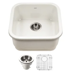 Houzer Platus 19 inch Biscuit Fireclay Undermount Square Single Bowl Bar Sink - PTB-1919 BQ-C with Basket Strainer and Basin Grid Included