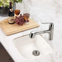 Houzer Platus 19 inch Biscuit Fireclay Undermount Square Single Bowl Bar Sink - PTB-1919 BQ-C with Basket Strainer and Basin Grid Included