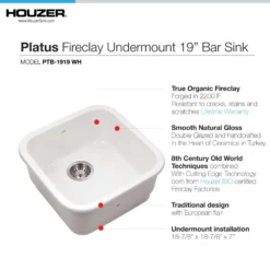 Houzer Platus 19 inch Biscuit Fireclay Undermount Square Single Bowl Bar Sink - PTB-1919 BQ-C with Basket Strainer and Basin Grid Included