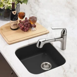 Houzer Platus 19 inch Black Fireclay Undermount Square Single Bowl Bar Sink - PTB-1919 BL-C with Basket Strainer and Basin Grid Included