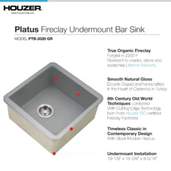 Houzer Platus 20 inch Gray Fireclay Undermount Square Single Bowl Bar Sink - PTB-2020 GR