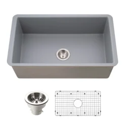 Houzer Platus 32 inch Gray Fireclay Undermount Single Bowl Kitchen Sink - PTU-3600 GR-C with Basket Strainer and Basin Grid Included