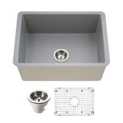 Houzer Platus 26 inch Gray Fireclay Undermount Single Bowl Kitchen Sink - White, PTU-2800 GR-C with Basket Strainer and Basin Grid Included