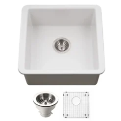 Houzer Platus 20 inch Matte White Fireclay Undermount Square Single Bowl Bar Sink - PTB-2020 MWH