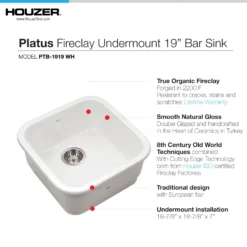 Houzer Platus 19 inch White Fireclay Undermount Square Bar Sink with Strainer & Grid- PTB-1919 WH-C
