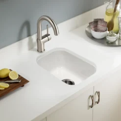 Houzer Platus 13 inch White Fireclay Undermount Single Bowl Bar Sink with Strainer & Grid - PTB-1318 WH-C
