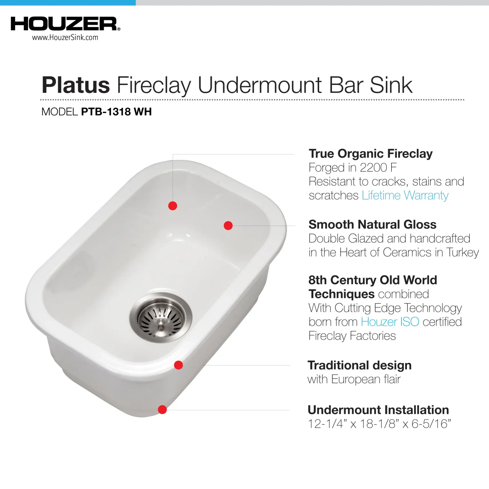 Houzer Platus 13 inch White Fireclay Undermount Single Bowl Bar Sink with Strainer & Grid - PTB-1318 WH-C