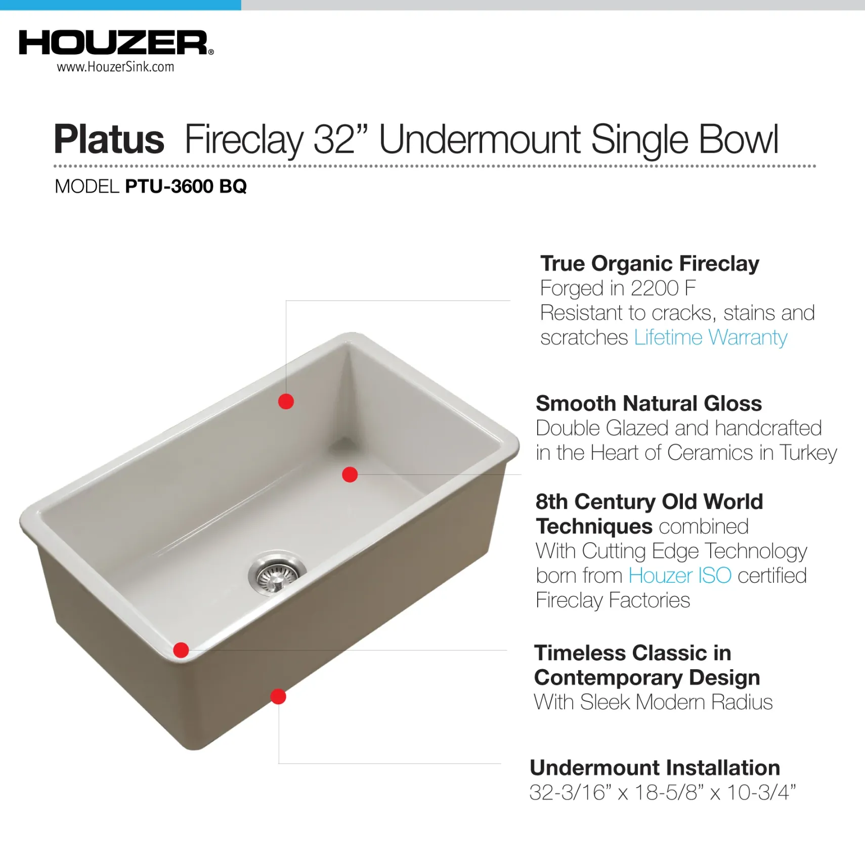 Houzer Platus 18" Undermount Fireclay Kitchen Sink, Biscuit, PTU-3600 BQ