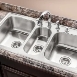 Houzer Premier 41 inch Stainless Steel Drop-in Topmount 4-hole Triple Bowl Kitchen Sink with Strainer & Grids - 18 Gauge, PGT-4322-C