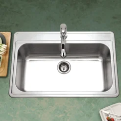 Houzer Premier 33 inch Stainless Steel Drop-in Topmount 1-hole Single Bowl Kitchen Sink with Strainer & Grid - 18 Gauge, PGS-3122-1-C