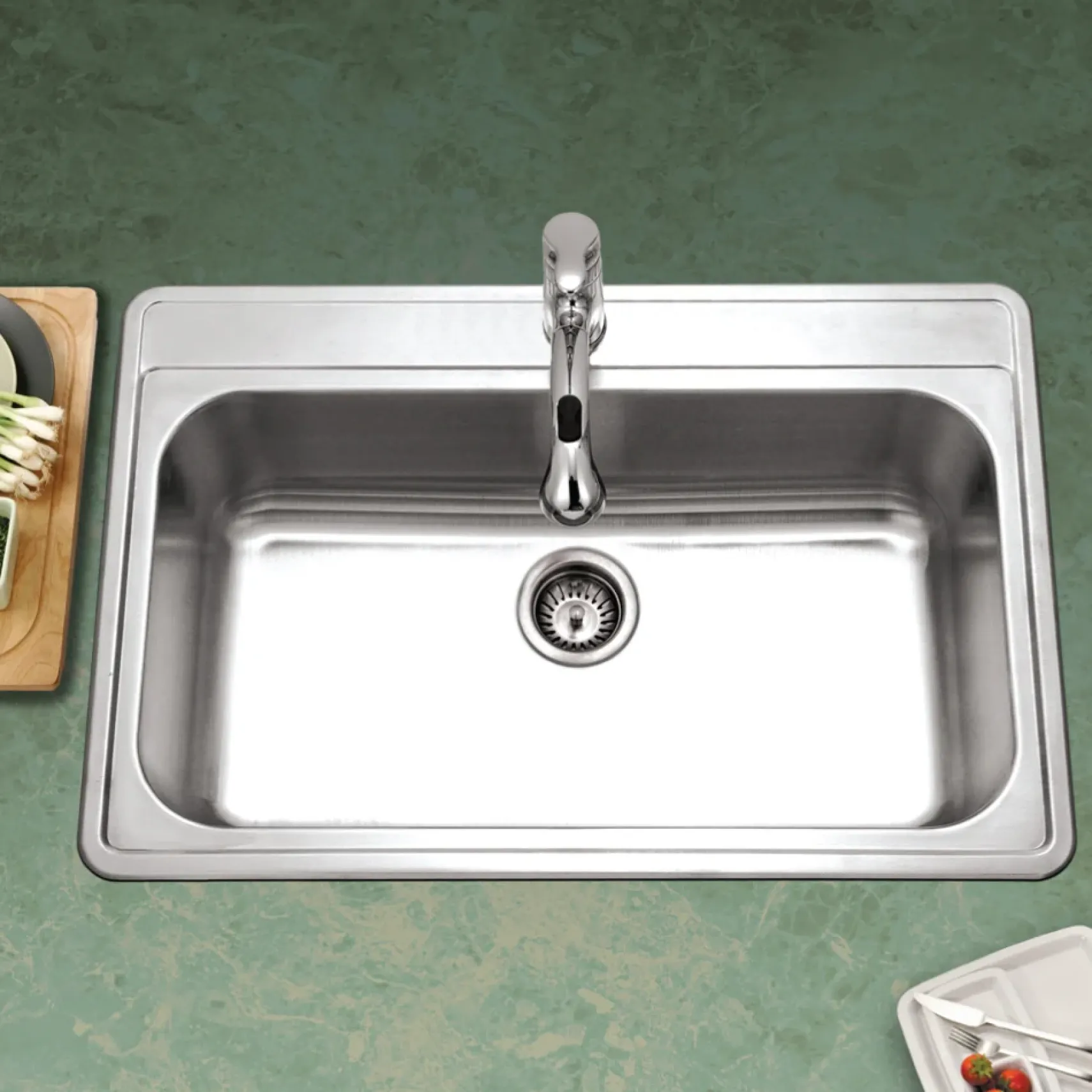 Houzer Premier 33 inch Stainless Steel Drop-in Topmount 1-hole Single Bowl Kitchen Sink with Strainer & Grid - 18 Gauge, PGS-3122-1-C