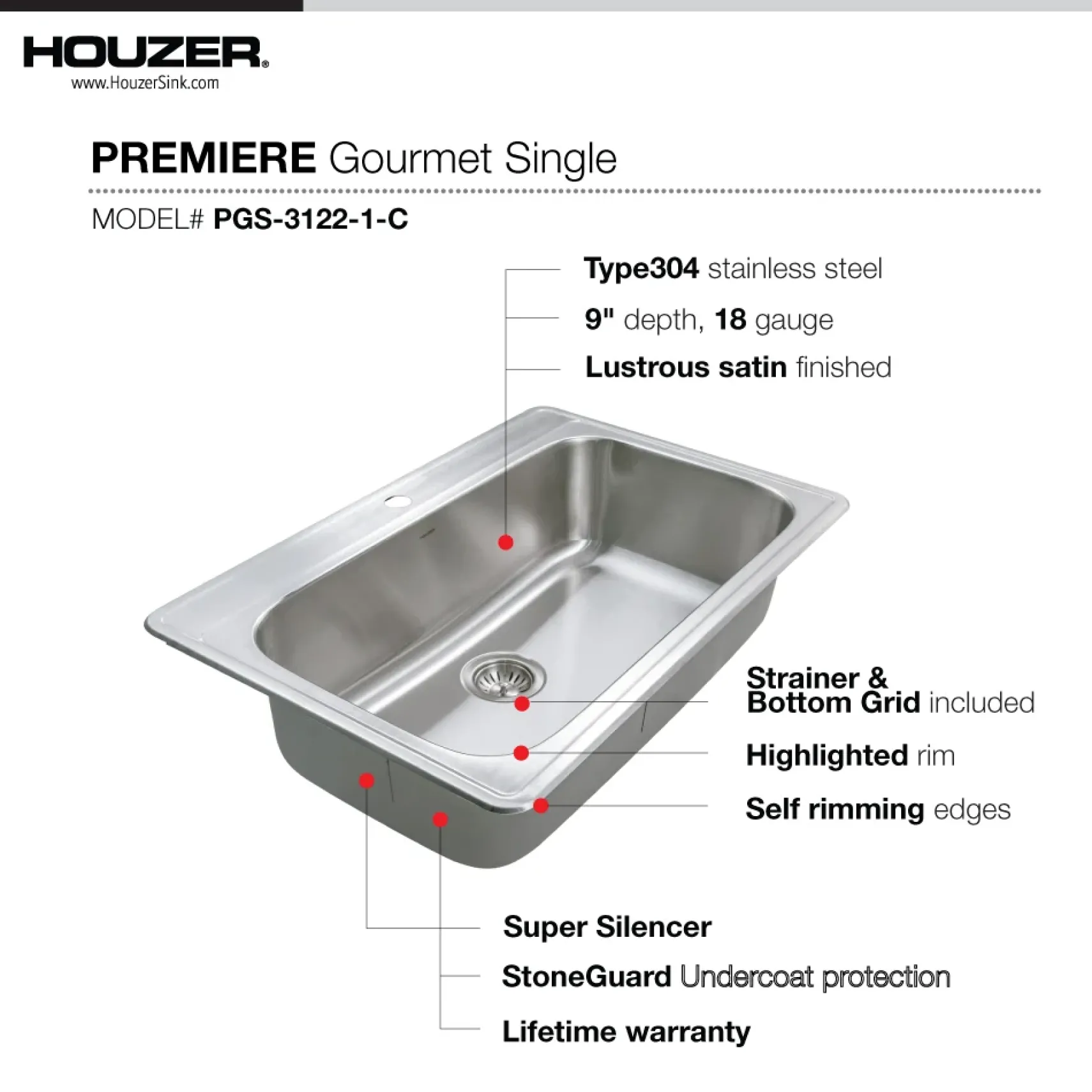 Houzer Premier 33 inch Stainless Steel Drop-in Topmount 1-hole Single Bowl Kitchen Sink with Strainer & Grid - 18 Gauge, PGS-3122-1-C