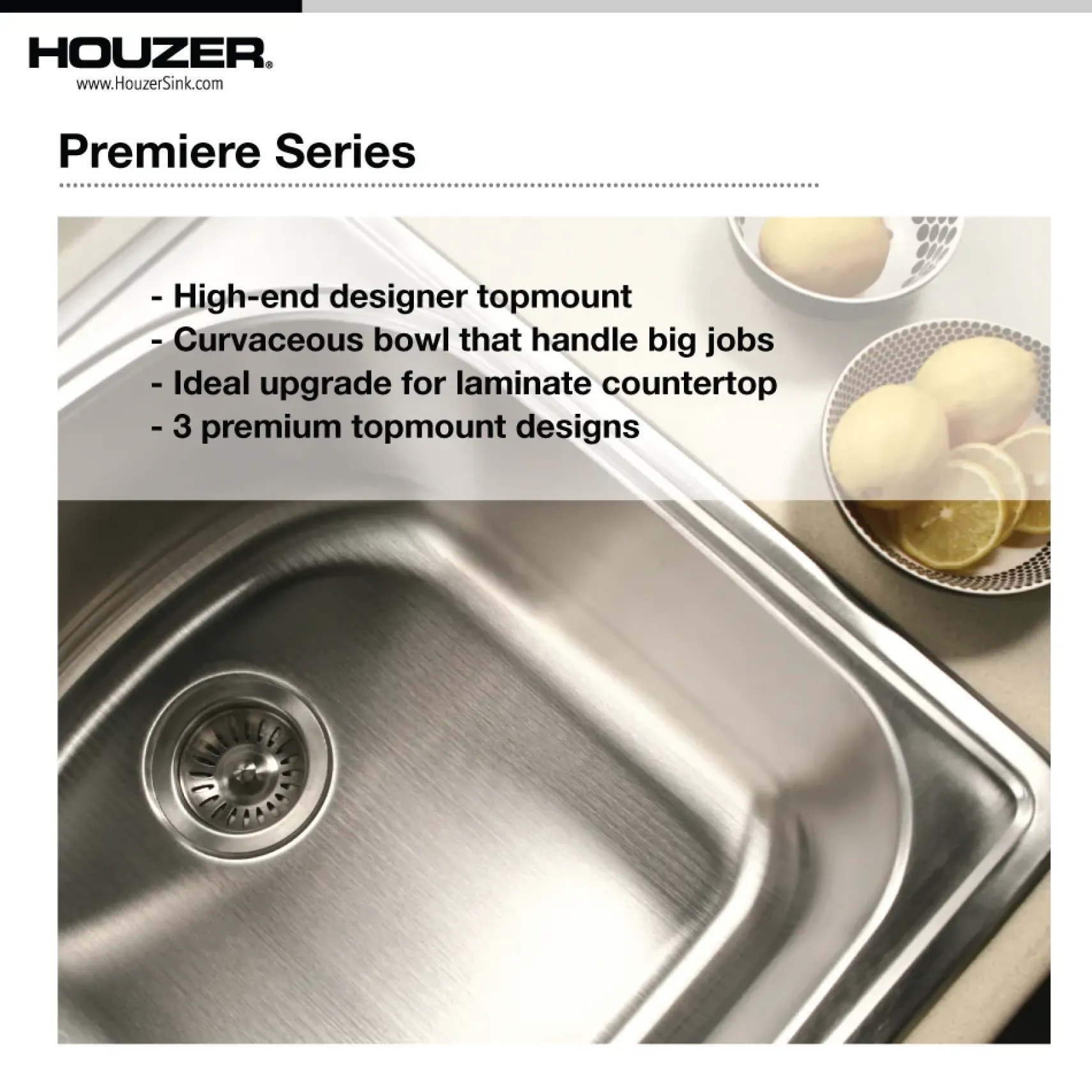 Houzer Premier 33 inch Stainless Steel Drop-in Topmount 1-hole Single Bowl Kitchen Sink with Strainer & Grid - 18 Gauge, PGS-3122-1-C