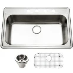 Houzer Premier 33 inch Stainless Steel Drop-in Topmount 4-hole Single Bowl Kitchen Sink with Strainer & Grid - 18 Gauge, PGS-3122-4-C