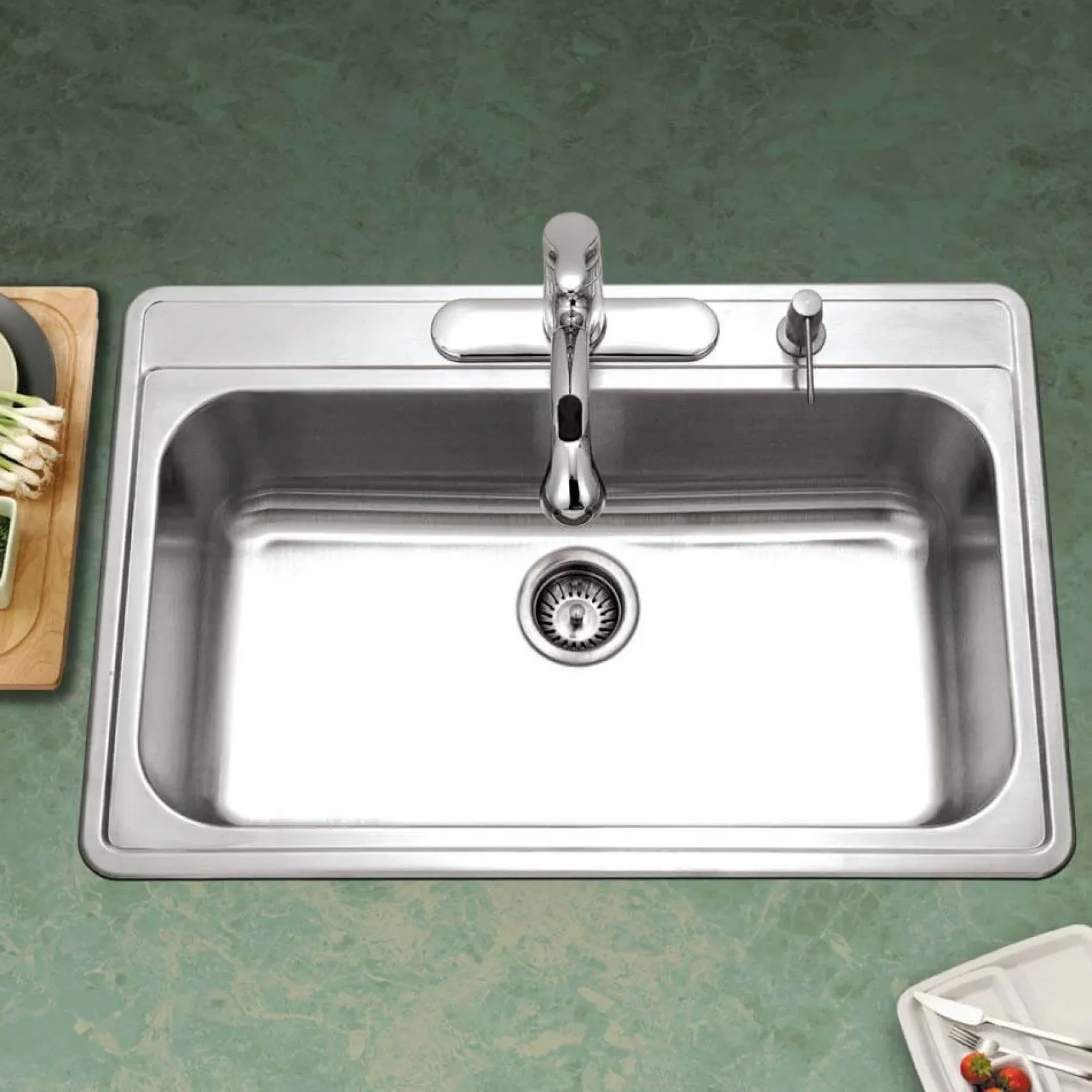 Houzer Premier 33 inch Stainless Steel Drop-in Topmount 4-hole Single Bowl Kitchen Sink with Strainer & Grid - 18 Gauge, PGS-3122-4-C