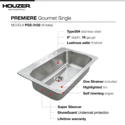 Houzer Premier 33 inch Stainless Steel Drop-in Topmount 4-hole Single Bowl Kitchen Sink with Strainer & Grid - 18 Gauge, PGS-3122-4-C