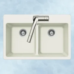 Houzer Quartztone 33" Cloud Granite Composite Drop-in Topmount 50/50 Double Bowl Kitchen Sink - M-200 CLOUD