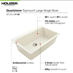 Houzer Quartztone 33 inch Midnite Granite Composite Topmount Single Bowl Kitchen Sink, V-100 MIDNITE