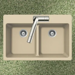 Houzer Quartztone 33" Mocha Granite Composite Drop-in Topmount 50/50 Double Bowl Kitchen Sink - M-200 SAND