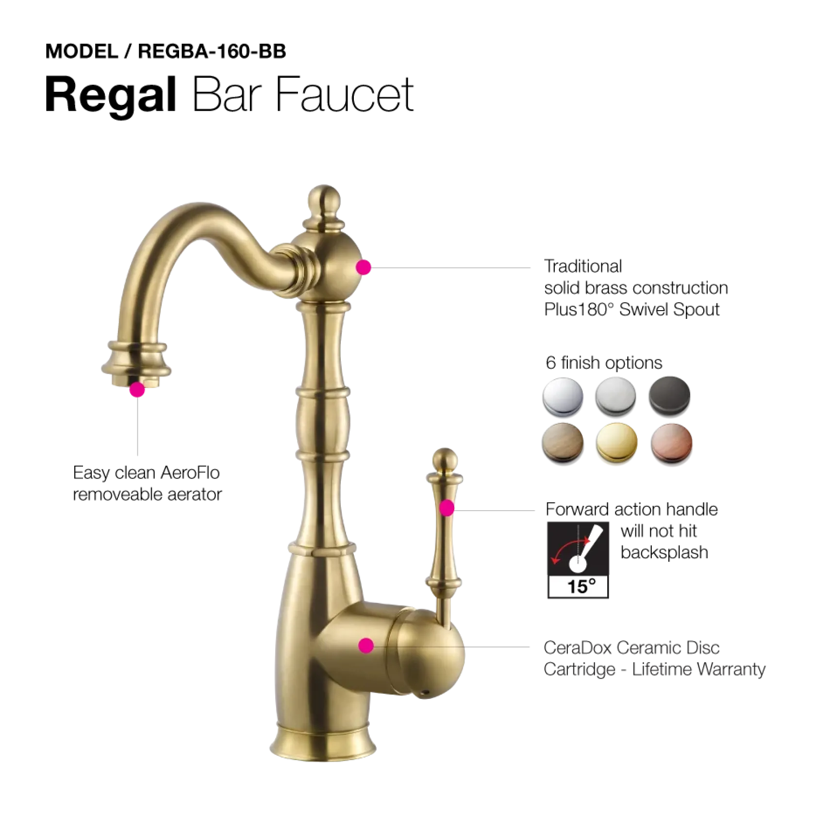Houzer Regal Solid Brass Bar Faucet Brushed Brass, REGBA-160-BB