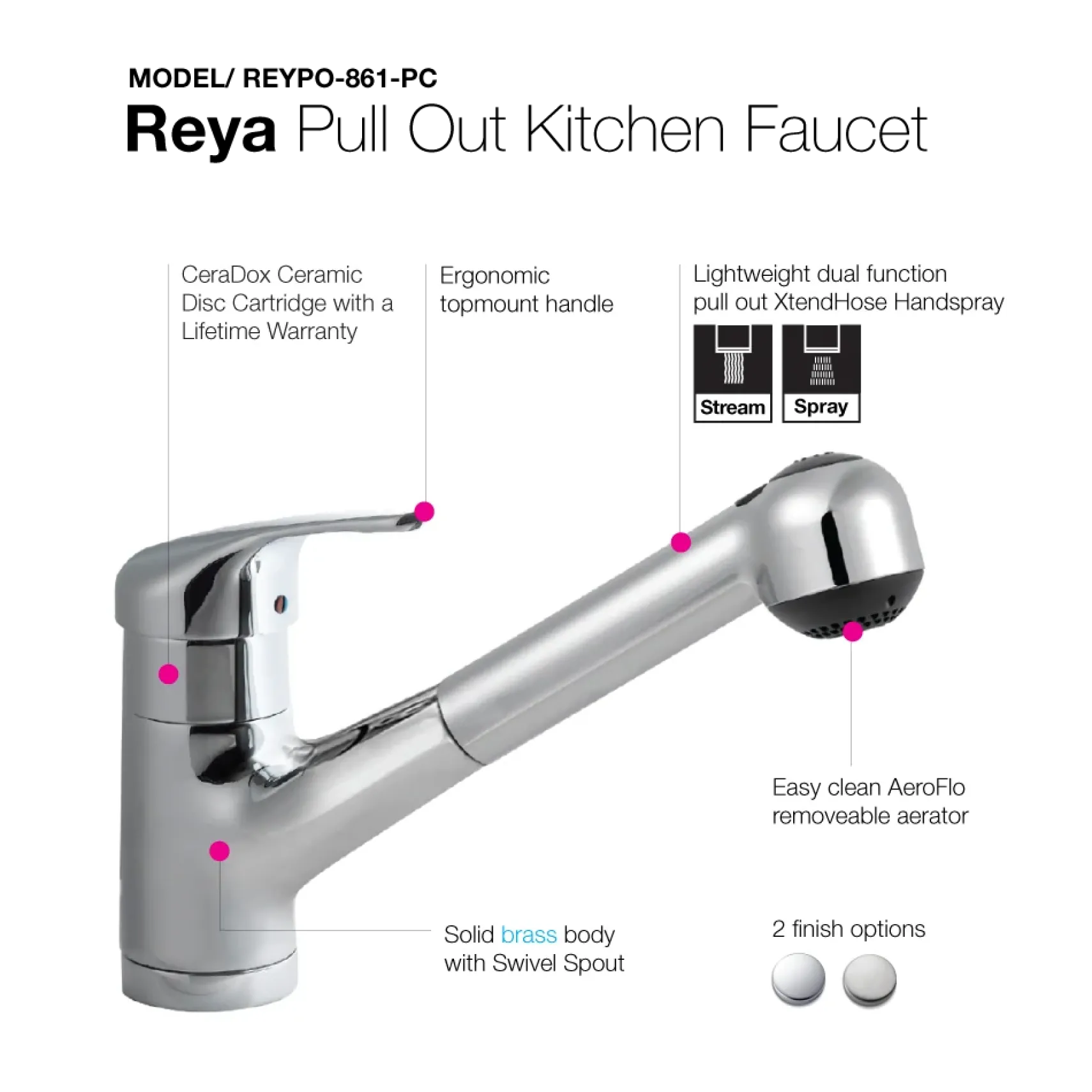 Houzer Reya Pull Out Kitchen Faucet with CeraDox Technology Polished Chrome, REYPO-861-PC