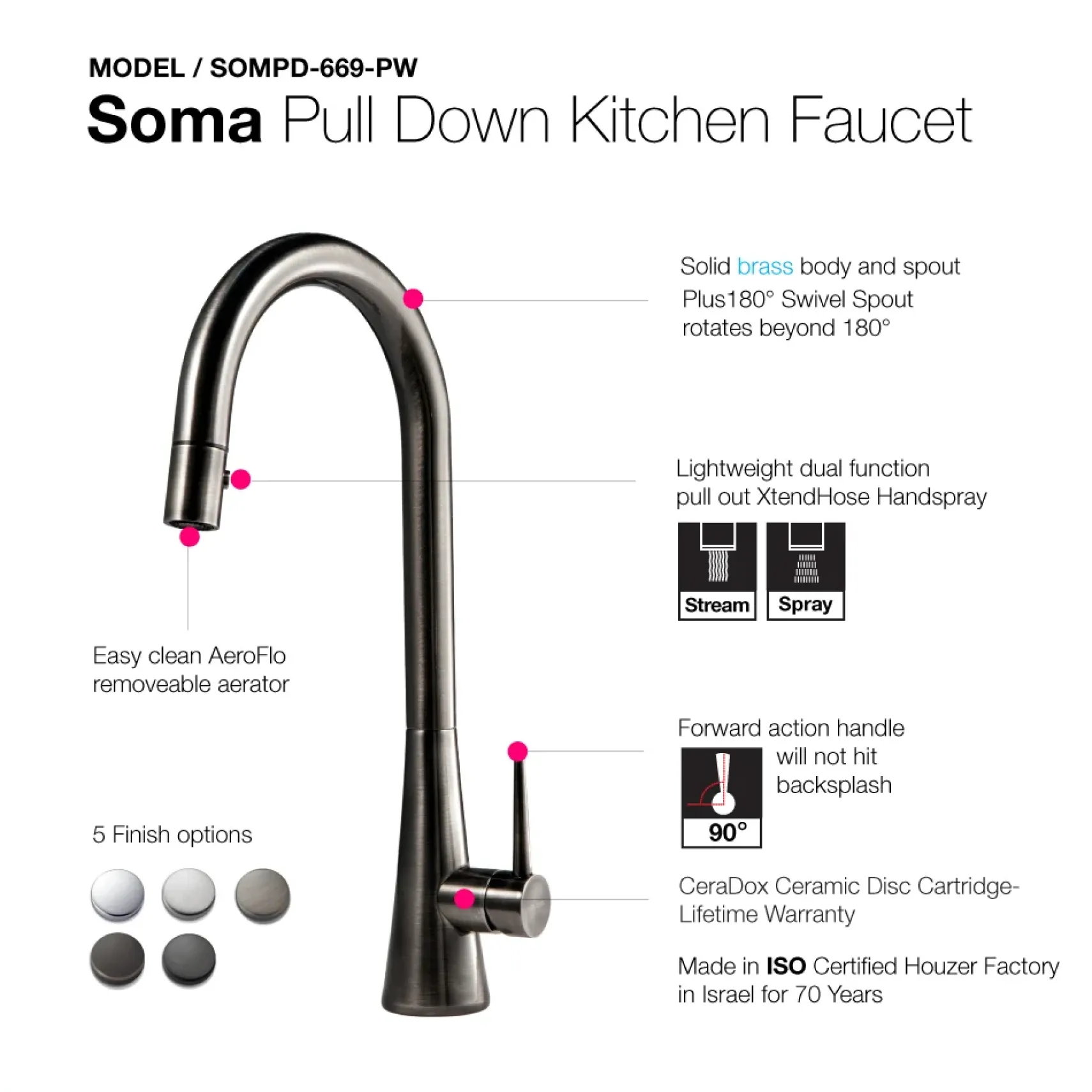 Houzer Soma 1.75 GPM Lever Brass Kitchen Faucet, Pull Down, Pewter, SOMPD-669-PW