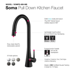 Houzer Soma 1.75 GPM Lever Brass Kitchen Faucet, Pull Down, Matte Black, SOMPD-669-MB