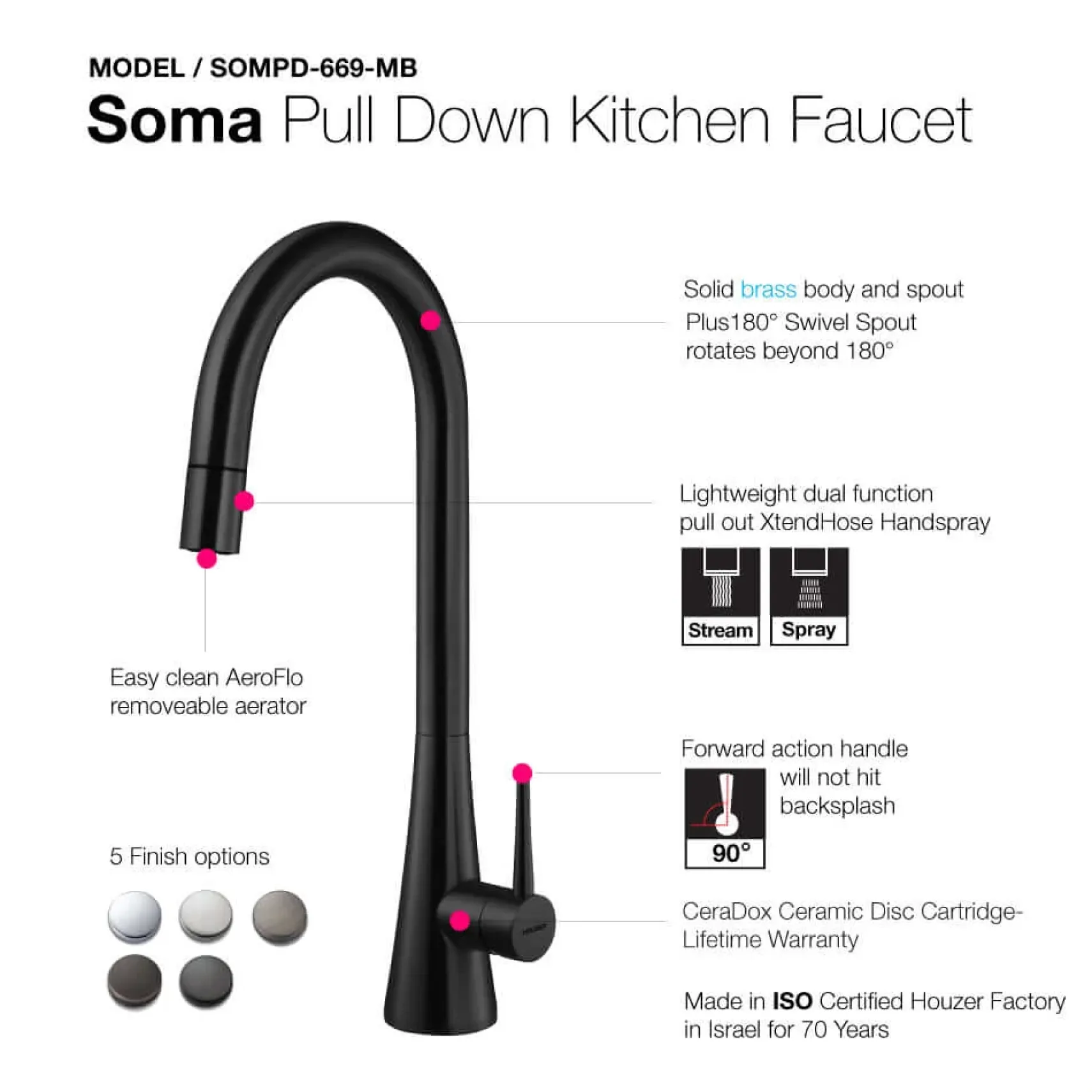 Houzer Soma 1.75 GPM Lever Brass Kitchen Faucet, Pull Down, Matte Black, SOMPD-669-MB