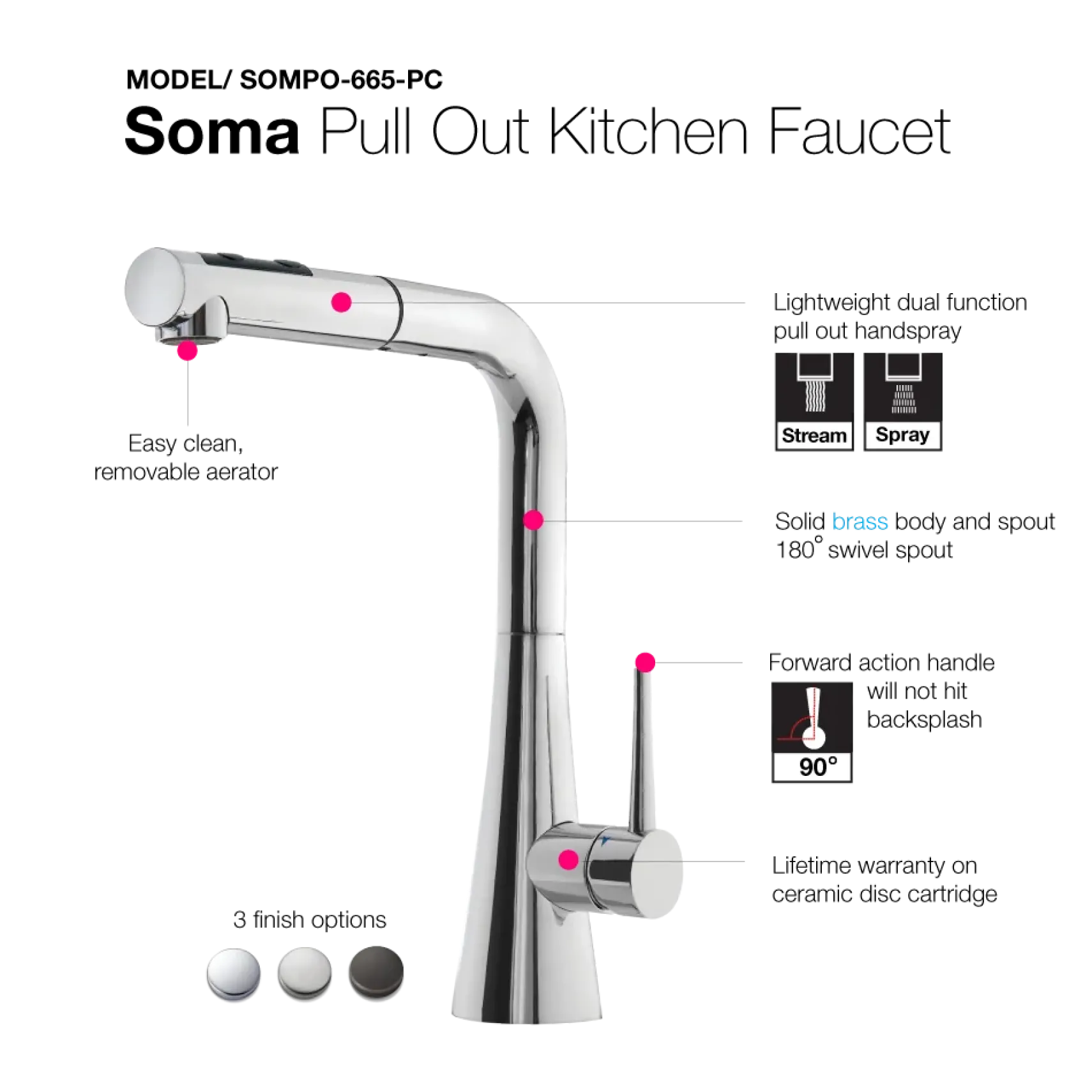 Houzer Soma Pull Out Kitchen Faucet with CeraDox Technology Polished Chrome, SOMPO-665-PC