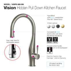 Houzer Vision Hidden Pull Down Kitchen Faucet Brushed Nickel, VISPD-869-BN