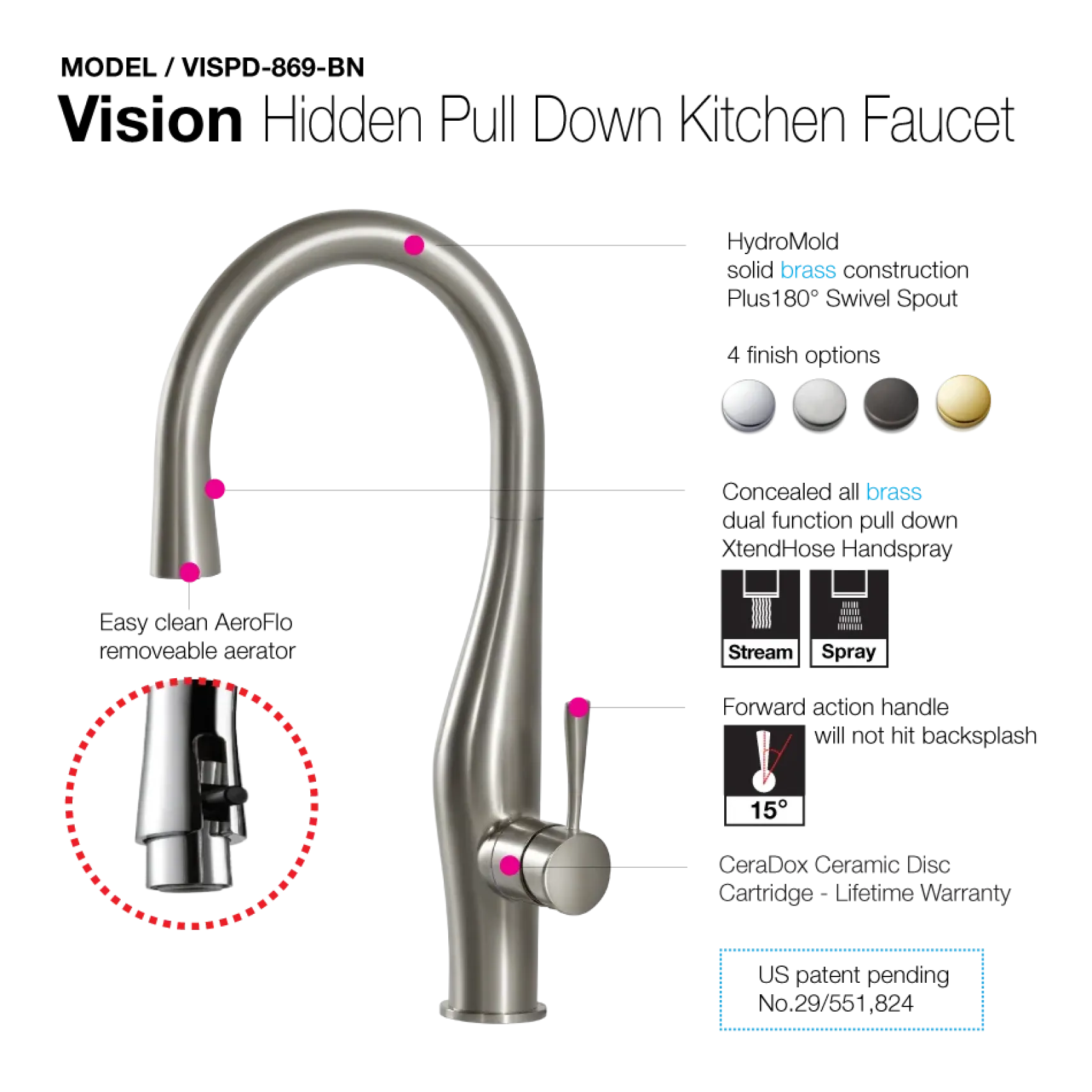 Houzer Vision Hidden Pull Down Kitchen Faucet Brushed Nickel, VISPD-869-BN