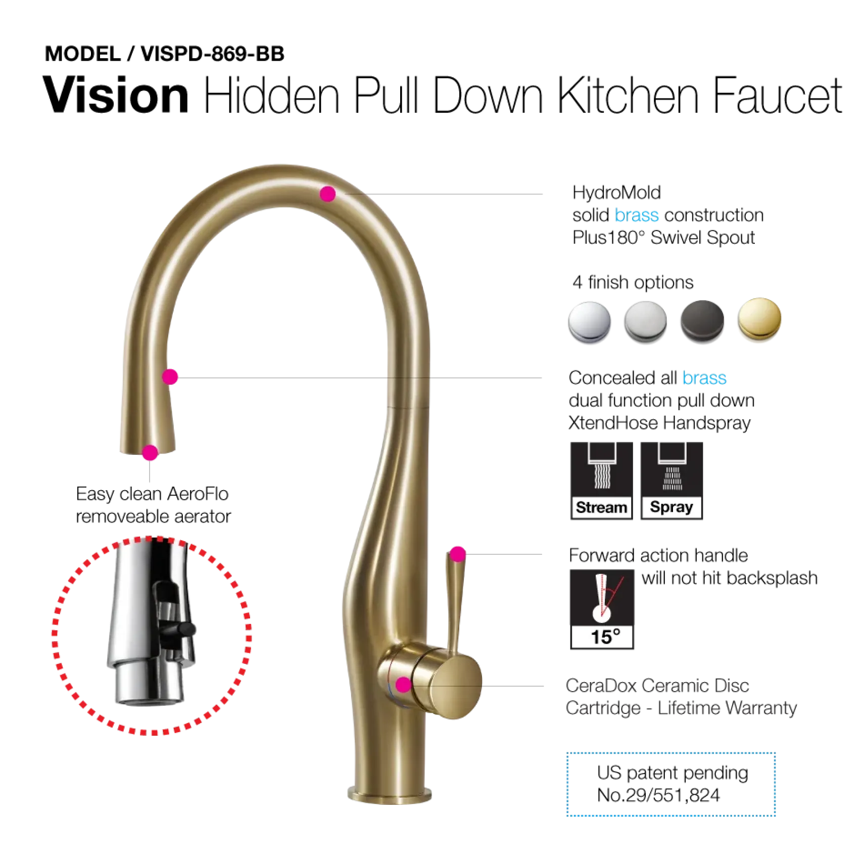Houzer Vision Hidden Pull Down Kitchen Faucet Brushed Brass, VISPD-869-BB