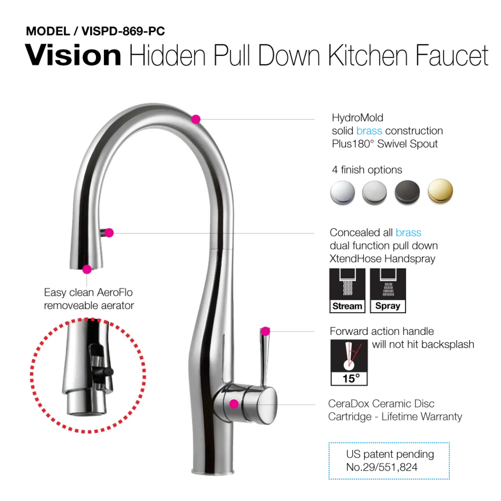 Houzer Vision Hidden Pull Down Kitchen Faucet with CeraDox Technology Polished Chrome, VISPD-869-PC