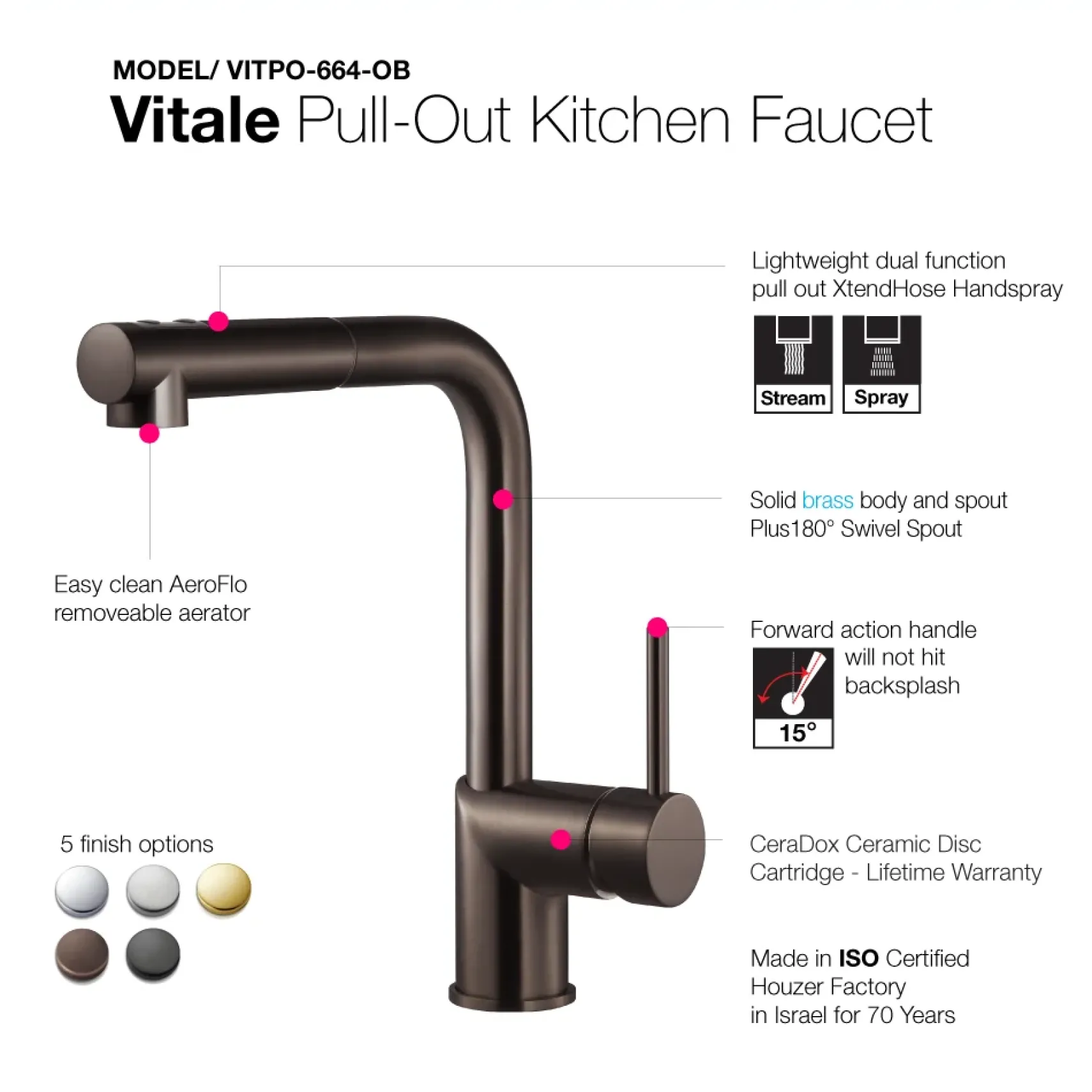 Houzer Vitale Pull Out Kitchen Faucet Oil Rubbed Bronze, VITPO-664-OB
