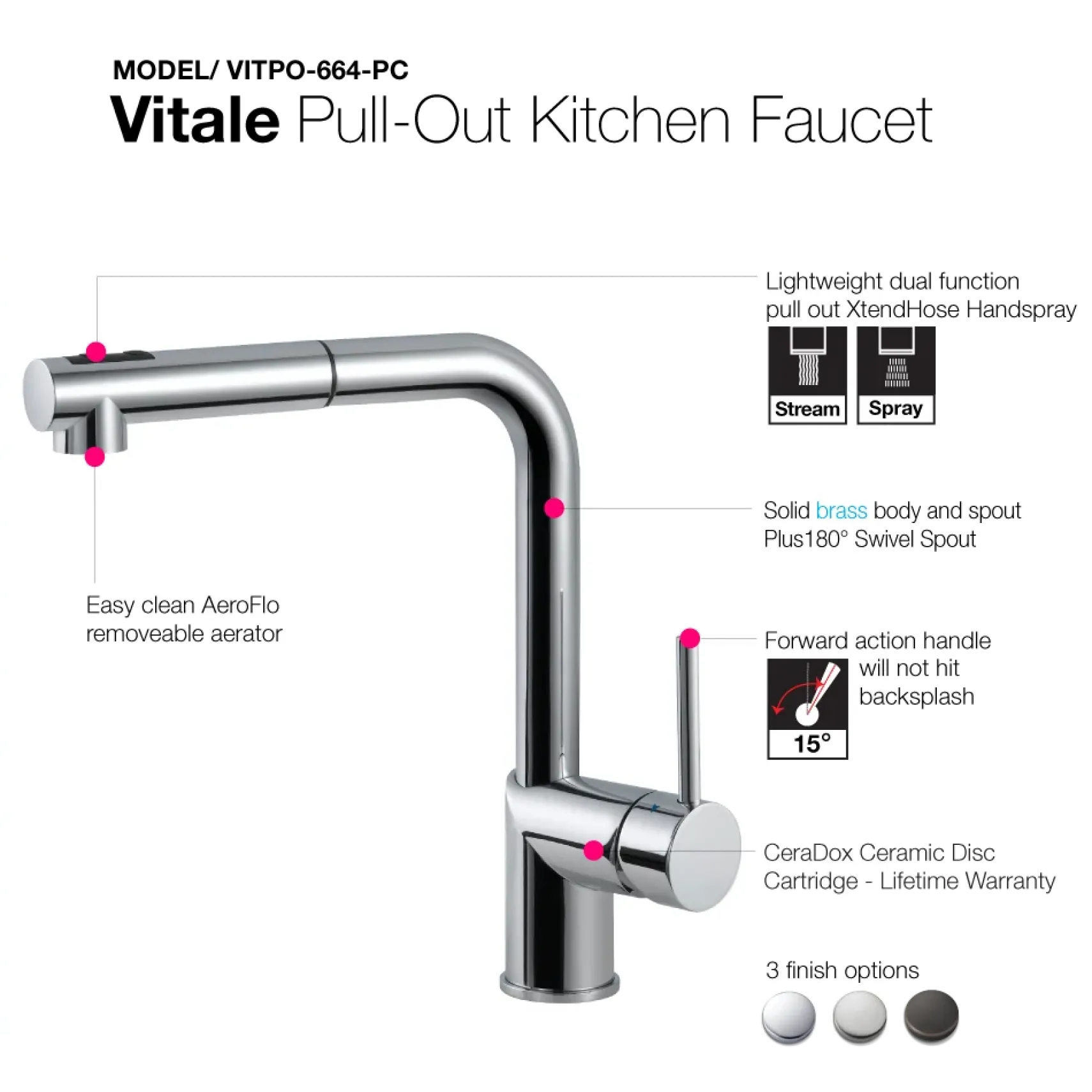 Houzer Vitale Pull Out Kitchen Faucet with CeraDox Technology Polished Chrome, VITPO-664-PC