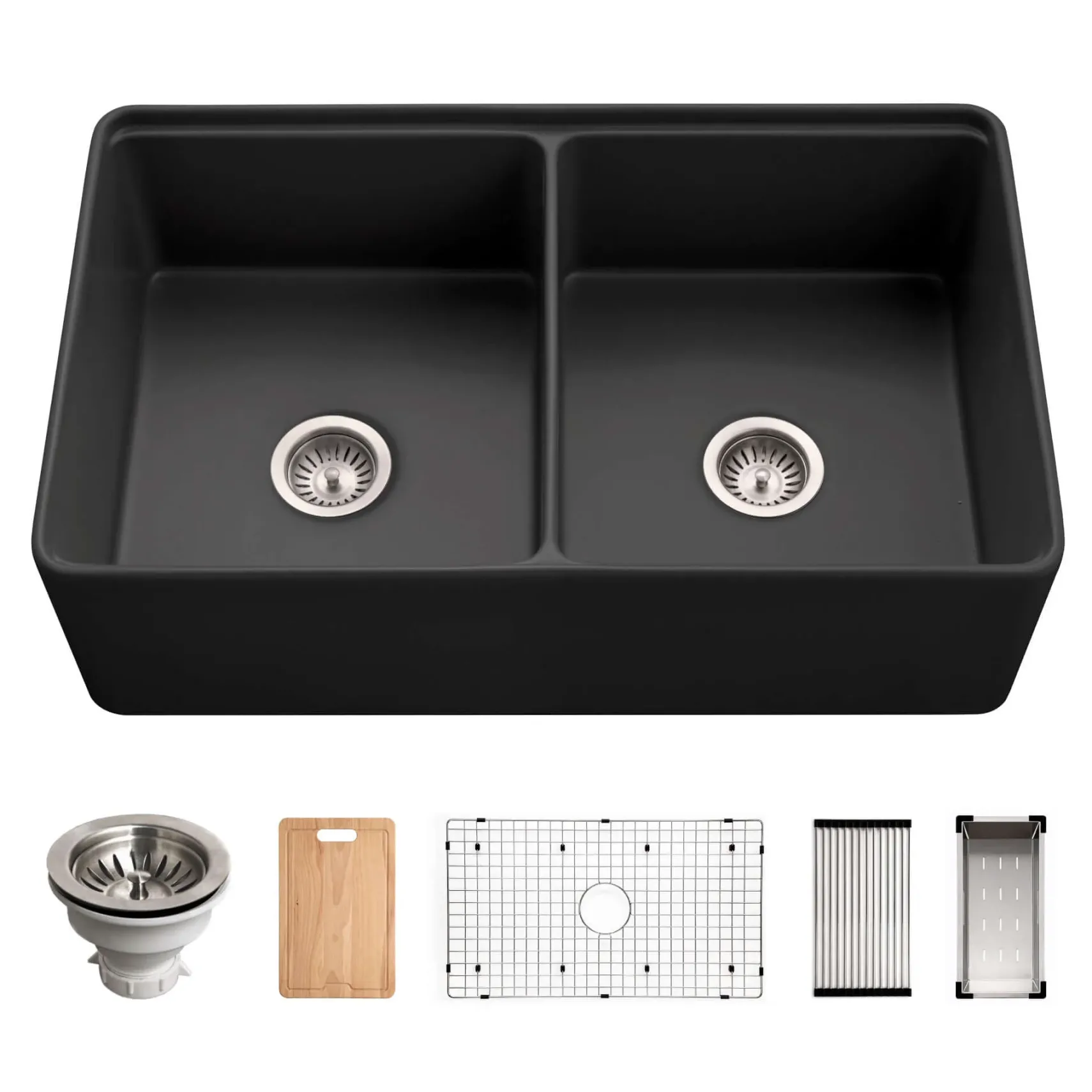 Houzer Aspire 33" Black Fireclay Farmhouse Apron Front 50/50 Double Bowl Workstation Sink - PTW-3320SD BL