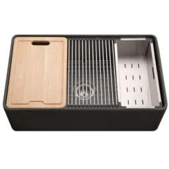 Houzer Aspire 33 inch Black Fireclay Farmhouse Apron Front Single Bowl Workstation with Accessories - PTW-3320 BL Farmhouse Sink, PTW-3320S BL